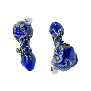 4" Blue Glass Hand Pipe with Black & White Octopus Design