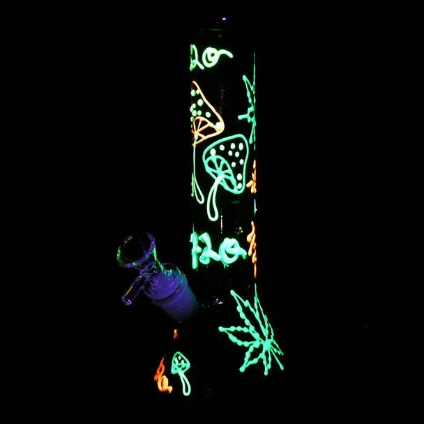 9.5" 420 Leaf & Shroom Glow In Dark Beaker Bong - Image 2
