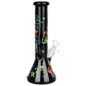 9.5" 420 Leaf & Shroom Glow In Dark Beaker Bong