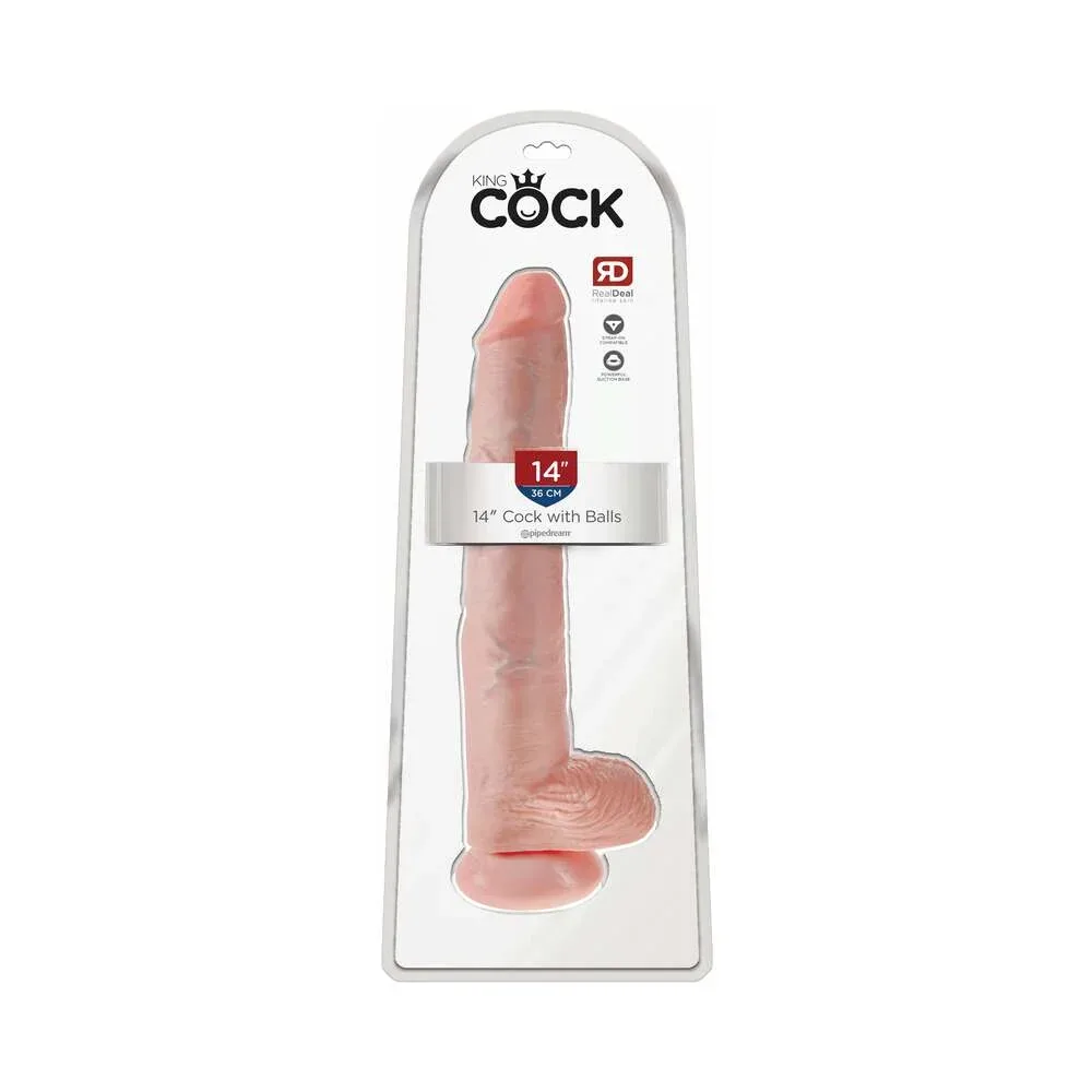 King Cock 14 in. Cock With Balls Realistic Suction Cup Dildo Beige