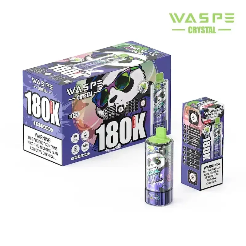 WASPE Crystal 180k 8-In-1 180000 Puffs Disposable Vape 68mL Prefilled E-Liquid, 4 Mesh Coils, Rechargeable Type-C, LED Display